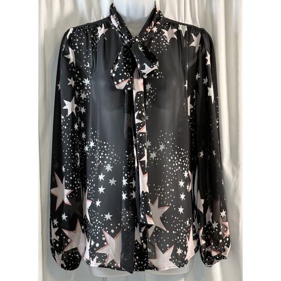 eva mendes Bow Blouse, Stars & Polka Dots, Black/Pink/White, Sz: M, 79-57 - Picture 1 of 14